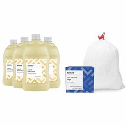 Amazon Brand - Solimo Liquid Hand Soap Refill, Milk and Honey, 56 Fluid Ounce (Pack of 4) & Tall Kitchen Drawstring Trash Bags, 13 Gallon, 120 Count