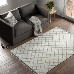 Amazon Brand – Stone & Beam Tassled Criss-Cross Wool Area Rug, 5 x 8 Foot, Blue and White