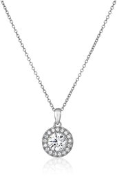 Amazon CollectionPlatinum-Plated Sterling Silver Swarovski Zirconia Round-Cut Halo Pendant Necklace, 16