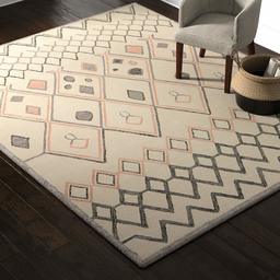 Amazon Brand – Rivet Handtufted Diamond-Patterned Cotton and Wool Area Rug, 8' x 10', Ivory with Charcoal and Blush