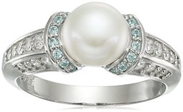 Amazon CollectionPlatinum Plated Sterling Silver Freshwater Pearl with Frosty Mint Swarovski Zirconia Accents Ring, Size 8