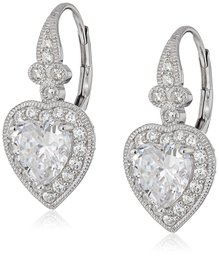 Platinum-Plated Sterling Silver Swarovski Zirconia Antique Heart Drop Earrings