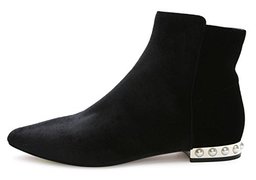 Amazon Brand - The Fix Women's Luana Pointed Toe Flat Velvet Bootie with Pearl Heel Ankle Boot, Black, 7.5 B US