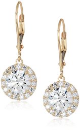 Women's 10K Gold Swarovski Zirconia Clear Round Halo Lever back Earrings