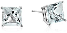 10K White Gold Princess cut Aquamarine Stud Earrings, (7mm)