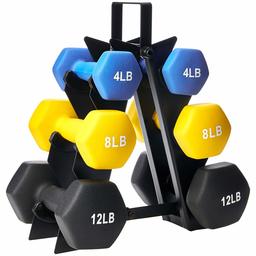 AmazonBasics Neoprene Workout Dumbbell Hand Weights, 48 Pounds Total, Blue/Yellow/Black - 3 Pairs (4-Lb, 8-Lb, 12-Lb) & Weight Rack