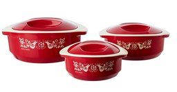 Amazon Brand - Solimo Sparkle Insulated Casseroles Set with Roti Basket, 3-Piece, Red