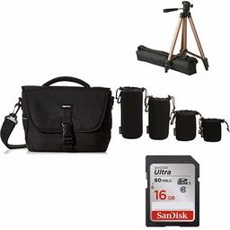 DSLR/Mirrorless Deluxe Accessory Kit - Amazon Basics Bag, Tripod, Lens Pouches & 16GB Memory Card (Orange Interior Bag)