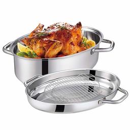 Eono by Amazon Fuente de horno ovalada mediana para inducción de acero inoxidable con rejilla, tapa y asas, apta para lavavajillas, 41 x 28 x 18 cm, 7 L + 4 L, RST-38