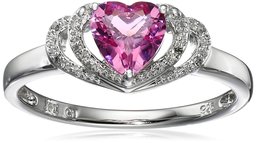 Sterling Silver Created-Pink-Tourmaline and Diamond Accent Open Halo Heart Ring, Size 7