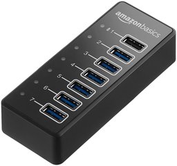 AmazonBasics USB-C 3,1 7-Port Hub with Power Adapter - 36W (12V/3A), Black