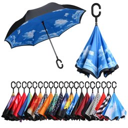 [Amazon Brand] Eono Double Layer Inverted Umbrella, Reverse Folding Umbrella, Self Standing Windproof UV Protection, Travel Umbrella, Car Rain and Outdoor, C-Shape Handles, Sky