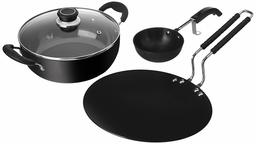 Amazon Brand - Solimo Hard Anodized Cookware Set (1 Kadhai with Glass Lid, 1 Tawa, 1 Tadka Pan)