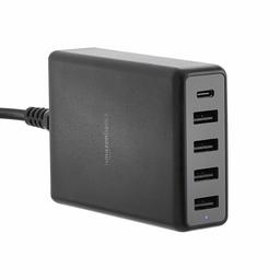 AmazonBasics 5-Port Wall Charger (60W) with 4 USB-A Ports and 1 USB-C Port with 30W Power Delivery - Black