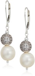 White Cultured Freshwater Pearl and Cubic Zirconia Beaded Snowman Clip-On Earrings