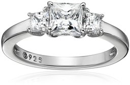 Platinum-Plated Sterling Silver Swarovski Zirconia Princess 3 Stone Ring