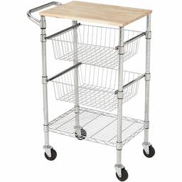 AmazonBasics 3-Tier Metal Basket Rolling Cart with Wood Top