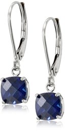 10k White Gold Cushion-Cut Checkerboard Created Sapphire Leverback Earrings (6mm)