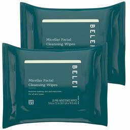 Belei Oil-Free Micellar Facial Cleansing Wipes, Fragrance Free, Alcohol Free, 25 Count (Pack of 2)