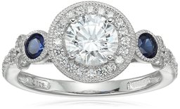 Platinum-Plated Sterling Silver Swarovski Zirconia Antique Round-Cut and Created Sapphire Ring size 6