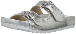 Amazon Brand - The Fix Women's Upson Double Buckle Studded Footbed Platform Slide Sandal, Silver/Metallic, 7.5 B US