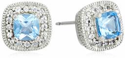 Sterling Silver Genuine Swiss Blue Topaz and Created White Sapphire Halo Cushion Stud Earrings