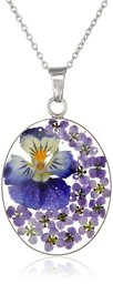 Sterling Silver Multi Pressed Flower Oval Pendant Necklace, 18