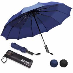 Eono Men's Folding Umbrella, Automatic Open and Close, 12 Sturdy Ribs, Compatible with Typhoons, Rainy Season, Large, Super Water Repellent, Folding Umbrella, High Strength Fiberglass, Large Size, For Both Sunny and Rainy Weather, Storage Pouch Included - bule