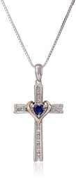 Sterling Silver and 14k Gold Created Blue Sapphire Heart and Diamond-Accent Cross Pendant Necklace, 18