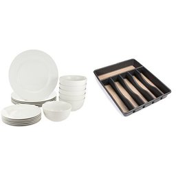 AmazonBasics 18-Piece Dinnerware Set, Service for 6 and Rubbermaid No-Slip Silverware Organizer Cutlery Tray, Large, Black, 1.9 x 11.9 x 15.1 Bundle