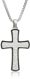 Men's Stainless Steel Cross Pendant with Hammered Texture and Black on Round Box Chain Pendant Necklace, 24