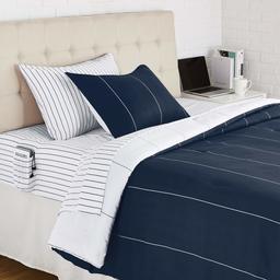 AmazonBasics College Dorm Bed-in-a-Bag with Elastic Storage Pockets - Twin/Twin XL - Navy Stripe