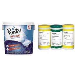 Amazon Brand - Presto! Premium Dishwasher Detergent Pacs, Fresh Scent, 67 Count & Solimo Disinfecting Wipes, Lemon Scent & Fresh Scent, 75 Wipes Each (Pack of 3)