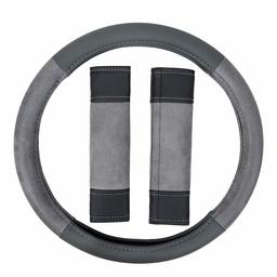 AmazonBasics Leatherette and Suede 15″ Steering Wheel Cover and Seatbelt Pads, Gray