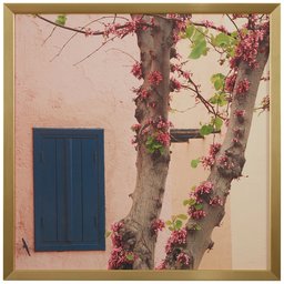 Amazon Brand – Rivet Pink Tree Blossoms at the Villa Photo Print Wall Art, Gold Wood Frame, 12