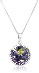 Sterling Silver Dark Blue Pressed Flower Round Pendant Necklace, 16