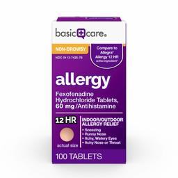 Basic Care Fexofenadine Hydrochloride Tablets 60 mg, Allergy Relief, 100 Count