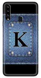 Amazon Brand - Solimo Designer Button Jeans Alphabet-K 3D Printed Hard Back Case Mobile Cover for Samsung Galaxy A20s