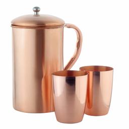 Amazon Brand - Solimo Amazon Brand Copper Plain Jug with Glass Set, 2.35 Litre, 3-Pieces, Brown