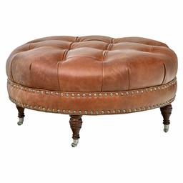 Stone & Beam Janelle Button Tufted Round Leather Wheeled Ottoman, 37