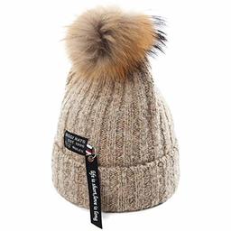 Jeff & Aimy Womens Detchable Raccoon Fur Pom Beanie Ribbed Knit Skull Cap Cold Weather Winter Hat Ladies Ski Snow Beige