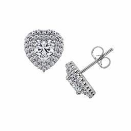 Sterling Silver (Platinum Cladded) Cubic Zirconia Clear Color Heart Shape Double Halo Stud Earrings