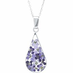 Amazon Collection Sterling Silver Purple Pressed Flower Teardrop Pendant Necklace, 16