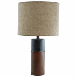 Rivet Wood and Black Marble Lamp, Mid-Century Walnut, With Bulb, 18