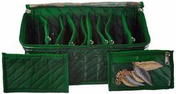 Amazon Brand - Solimo Fabric Jewellery Box with 10 Transparent Pouches, Green