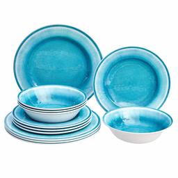 AmazonBasics 12-Piece Melamine Dinnerware Set - Service for 4, Teal Crackle Glaze