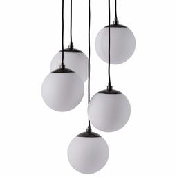 Amazon Brand – Rivet Eclipse Mid Century Modern 5-Globe Hanging Ceiling Pendant Chandelier Fixture - 20 x 20 x 48 Inches, Black Metal With Frosted Glass Globes