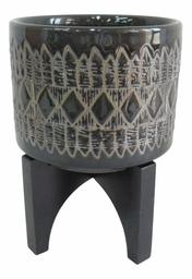 Amazon Brand – Rivet Global Stoneware Planter with Black Wood Stand, 7