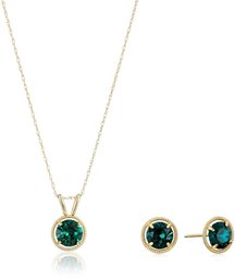 10K Gold Dainty Swarovski Crystal Birthstone Pendant Necklace with Stud Earrings Set, May