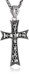 Men's Antique Finish Stainless Steel Skull Cross Pendant Necklace, 22